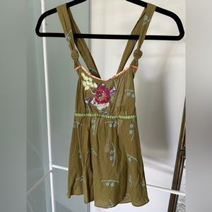 Free People Green Print Embroidered Cami Top